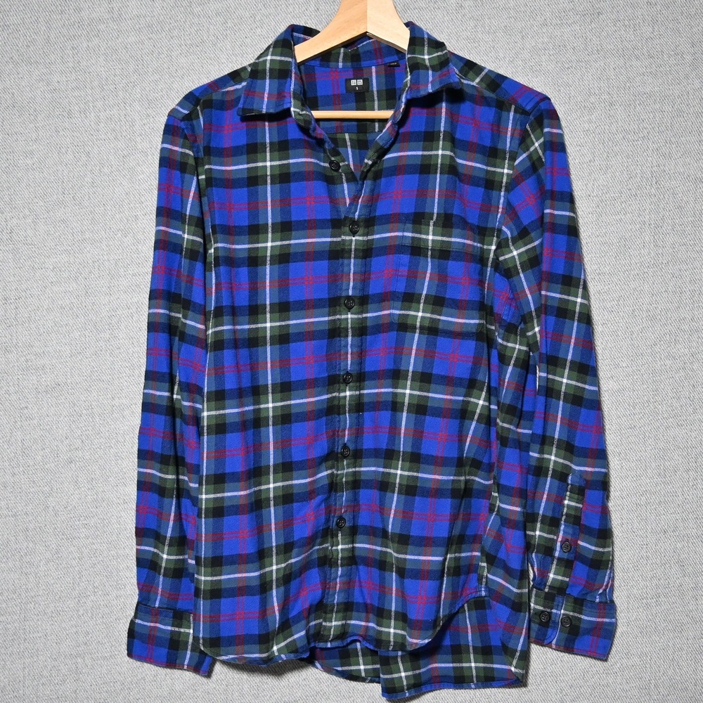 Uniqlo Flannel Shirt Mens Plaid Tartan Long Sleeve Small Blue Green